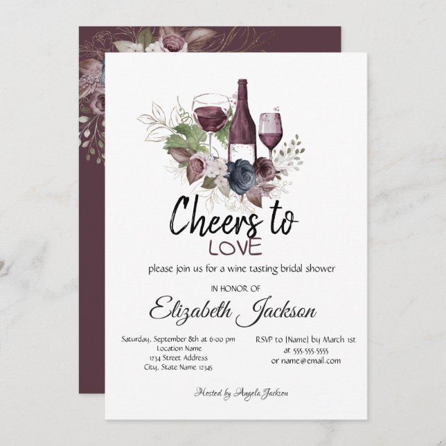Weinverkostung Burgund Blume Brautparty Einladung (Vorne/Hinten)