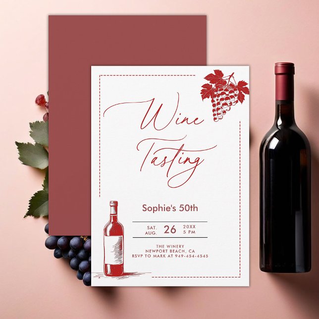Weinverkostung Weinkeller Modernes Burgund 50. Geb Einladung (wine tasting party 50th birthday invitations women winery trip modern minimalist elegant burgundy)