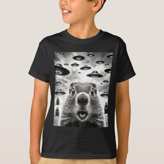 Weird Groundhogs Selfie With Alien Ufo Funny Groun T-Shirt (Vorderseite)