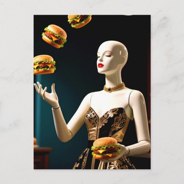 Weird Mannequin with Cheeseburgers Postkarte (Vorderseite)