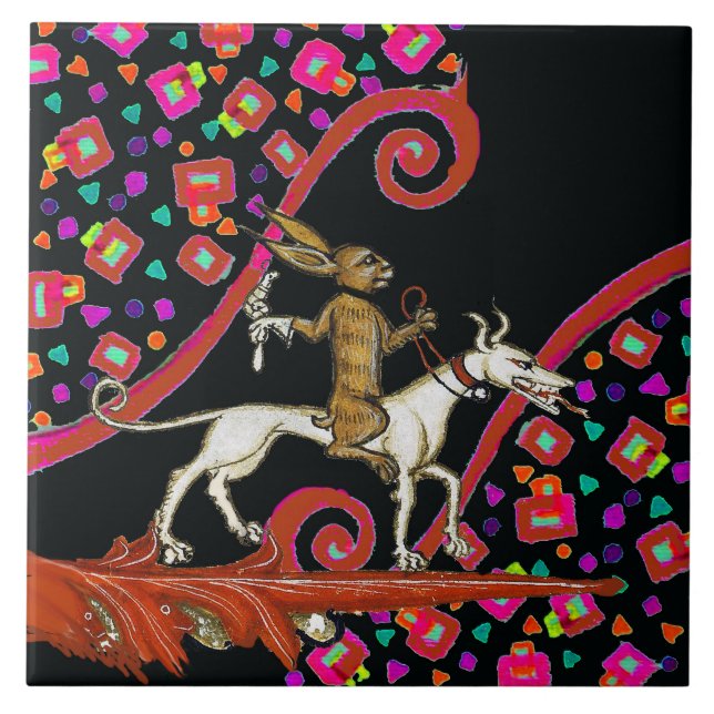 WEIRD MEDIEVAL BESTIARY Rabbit Reiten eines weißen Fliese (Vorderseite)