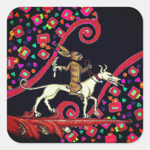 WEIRD MEDIEVAL BESTIARY Rabbit Reiten eines weißen Quadratischer Aufkleber