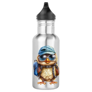 Weise Eule mit blauem Rucksack, Hüten und einer Br Edelstahlflasche