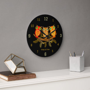 Weise & gemütliche Eulen Schwarz Große Wanduhr
