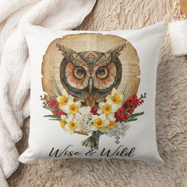 Weise und wilde Boho-Eulen-Kunst Kissen (Decke)