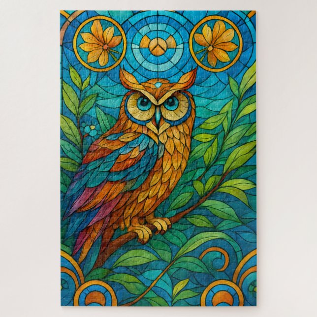 Weisheit in Glas Buntglas-Eule mit Blumen  Puzzle (Vertikal)