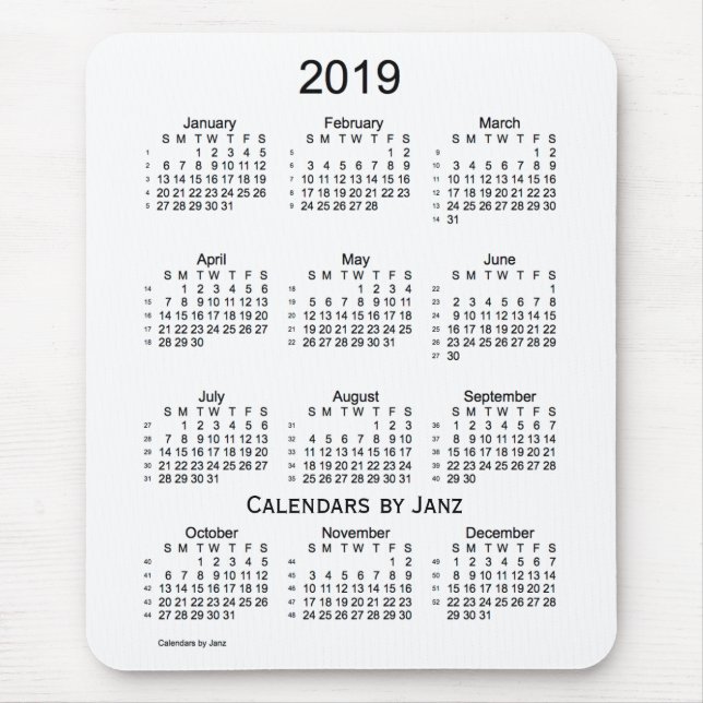 Weiß 2019 52 Wochen-Kalender durch Janz Mousepad (Vorne)