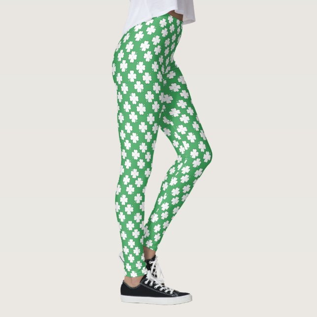 Weiß 4 Leaf Kleeblatt Muster auf GREEN Leggings (Rechts)