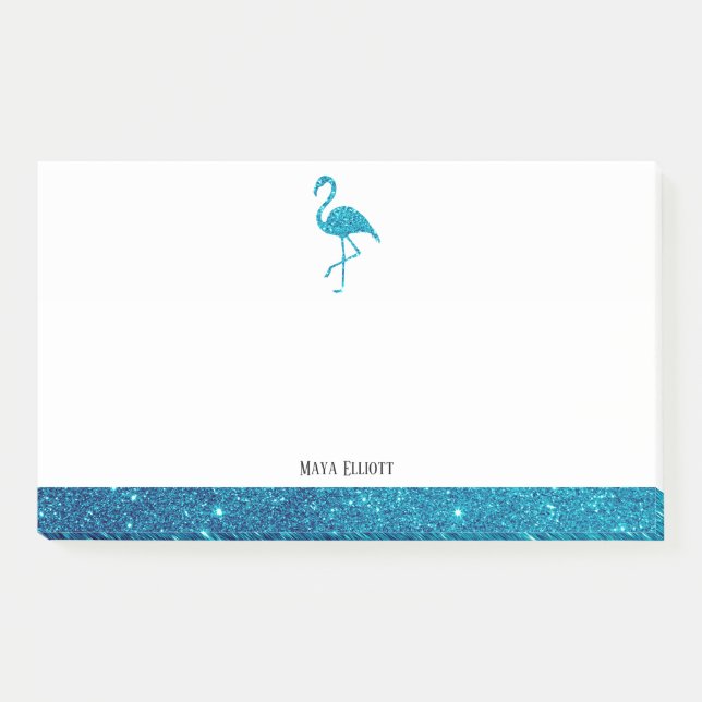 Weiß auf Aquamarinen Imitaten Glitzer Flamingo & B Post-it Klebezettel (Vorderseite)