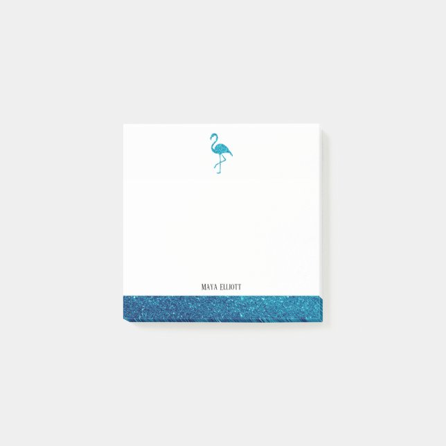 Weiß auf Aquamarinen Imitaten Glitzer Flamingo & B Post-it Klebezettel (Vorderseite)
