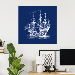Weiß auf Blau Vintage-Windsegelboot Poster