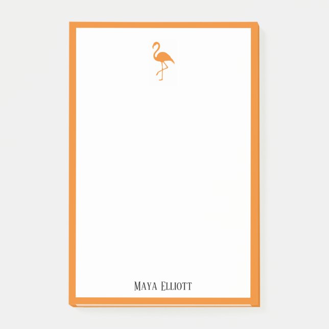 Weiß auf Bright Orange Flamingo & Border mit Name Post-it Klebezettel (Vorderseite)