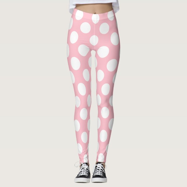 Weiß auf rosa große Polka-Punkte Leggings (Vorderseite)
