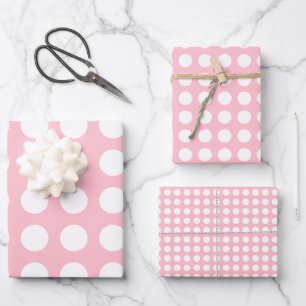 Weiß auf Rosa Unterschiedliche Größen Horiz. Polka Geschenkpapier Set