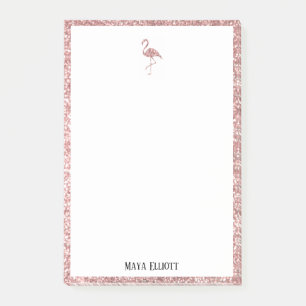 Weiß auf Rose Gold Glitzer Flamingo & Border, Name Post-it Klebezettel