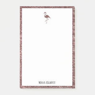 Weiß auf Rose Gold Glitzer Flamingo & Border, Name Post-it Klebezettel