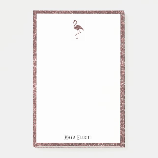 Weiß auf Rose Gold Glitzer Flamingo & Border, Name Post-it Klebezettel (Vorderseite)