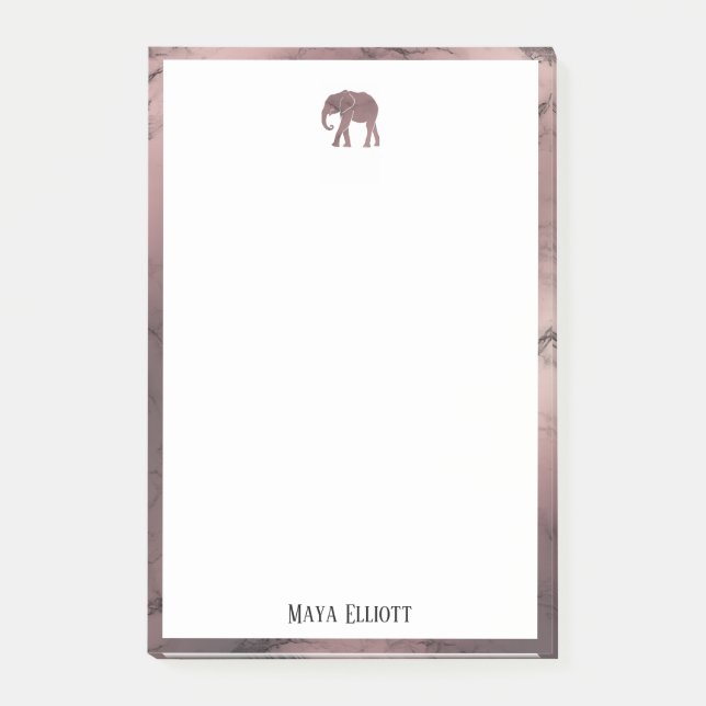 Weiß auf Rose Gold Marmor, Elefant & Border, Name Post-it Klebezettel (Vorderseite)