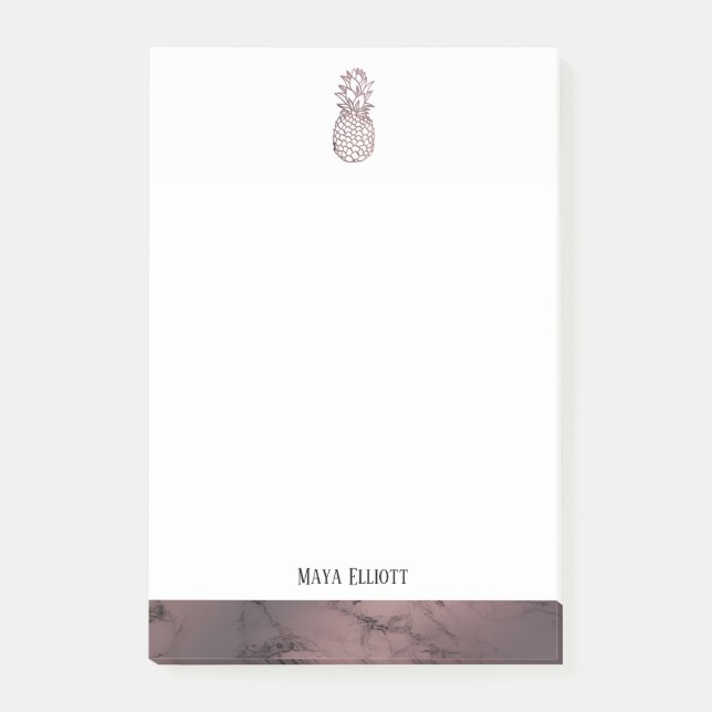 Weiß auf Rose Goldmarmor Ananas & Border, Name Post-it Klebezettel (Vorderseite)