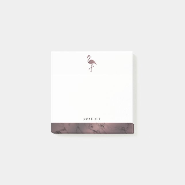 Weiß auf Rose Goldmarmor, Flamingo & Border, Name Post-it Klebezettel (Vorderseite)