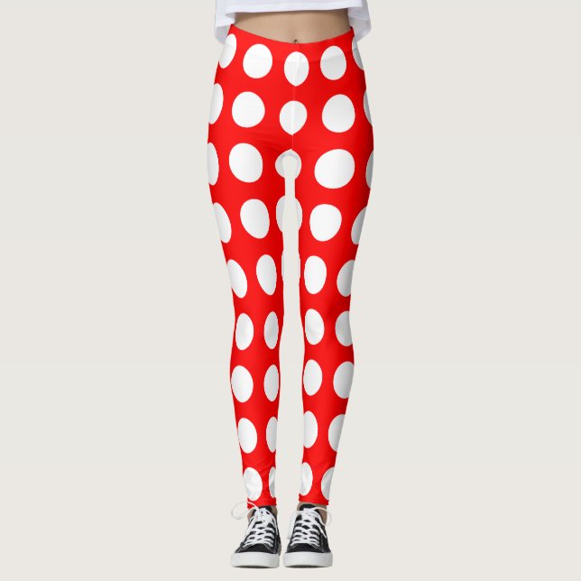 Weiß auf roten, großen horizontalen Polka-Punkten Leggings (Vorderseite)