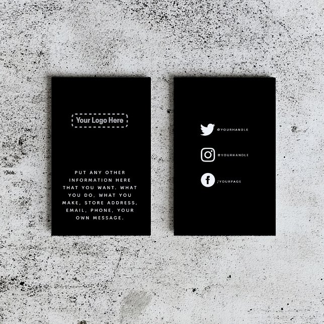 Weiß auf schwarz, dein Logo, soziale Links Begleitkarte (Sleek black business card template with space for a logo and social media icons)