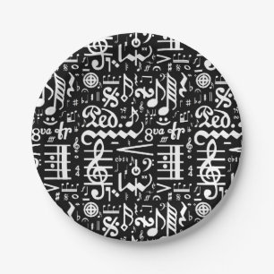 Weiß auf schwarze musikalische Symbol-PapierTelle Pappteller