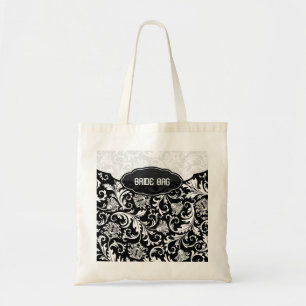 Weiß auf schwarzem Floral Damask Muster 2-Monogram Tragetasche