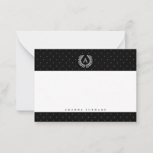 Weiß auf schwarzem Lorbeer-Monogramm-Polka-Punkt-M Mitteilungskarte