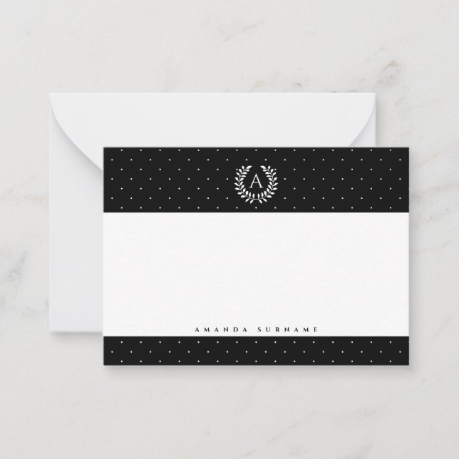 Weiß auf schwarzem Lorbeer-Monogramm-Polka-Punkt-M Mitteilungskarte (Vorderseite)