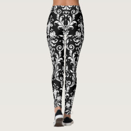 Weiß auf schwarzen Flora Wirbel Damask Leggings