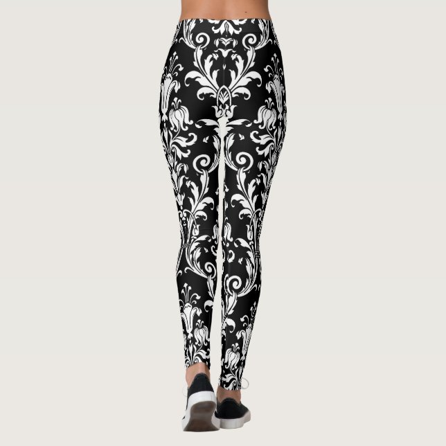 Weiß auf schwarzen Flora Wirbel Damask Leggings (Rückseite)