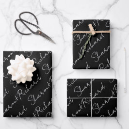 Weiß auf schwarzen Skriptkalligrafien Namen Hochze Geschenkpapier Set