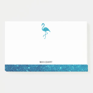 Weiß auf Teal-Faux-Glitter-Flamingo & Rand, Name Post-it Klebezettel