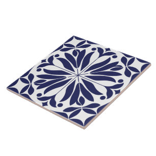 Weiß & Blau Abstrakte florale Geometrie Fliese