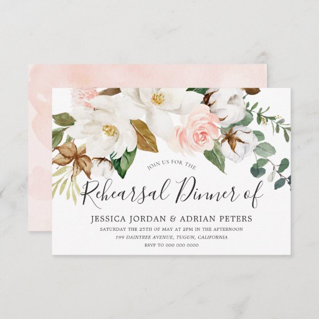 Weiß & blau Blumen Probe Abendessen Einladung (Vorne/Hinten)