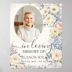 Weiß Blau Errötend Floral Foto Trauer Gedenkfeier Poster
