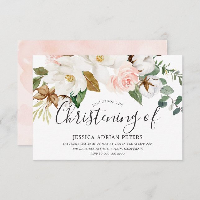 Weiß & blau floral Baby Girl Christening Taufe Einladung (Vorne/Hinten)