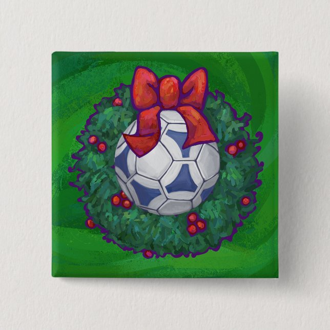 Weiß, blau gefeierter Fußball auf Grün Button (Vorderseite)