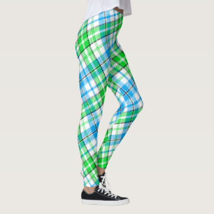 Weiß Blau Grün Kariertes Tartan Design Leggings
