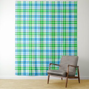 Weiß Blau Grün Kariertes Tartan Design Wandteppich