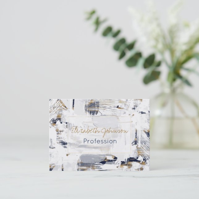 Weiß Blau und Gold Pinselstriche Visitenkarte (Stehend Vorderseite)