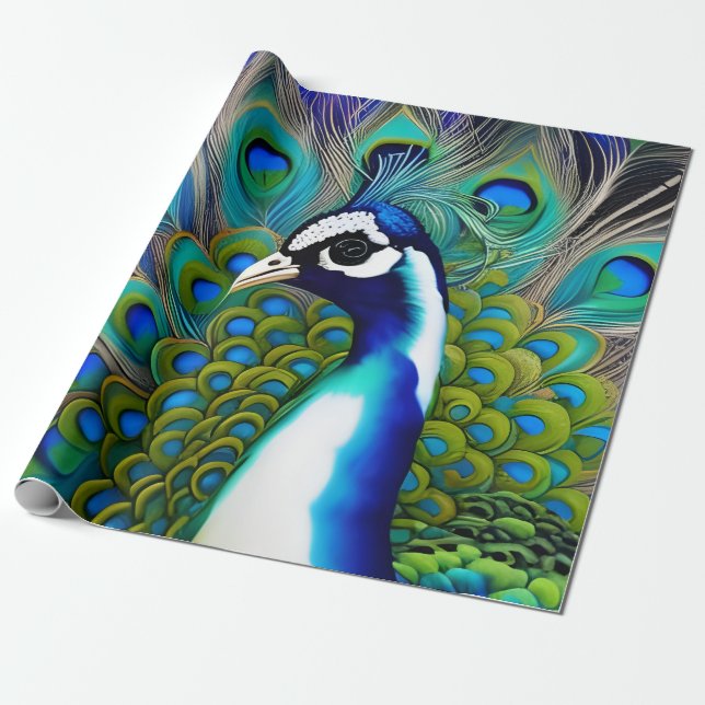 Weiß blau und grün Piebald Peacock Geschenkpapier (Ungerollt)