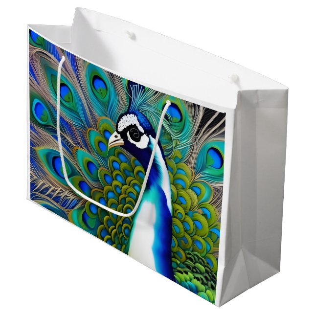 Weiß blau und grün Piebald Peacock Große Geschenktüte (Vorderseite Schrägansicht)
