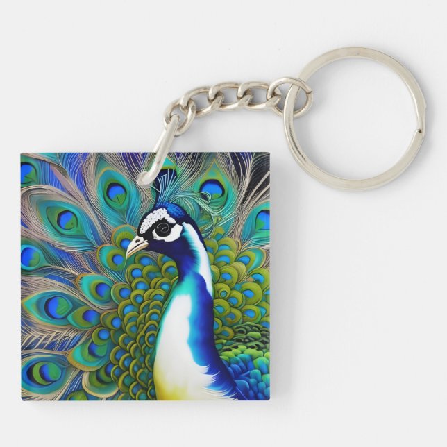 Weiß blau und grün Piebald Peacock Schlüsselanhänger (Rückseite)