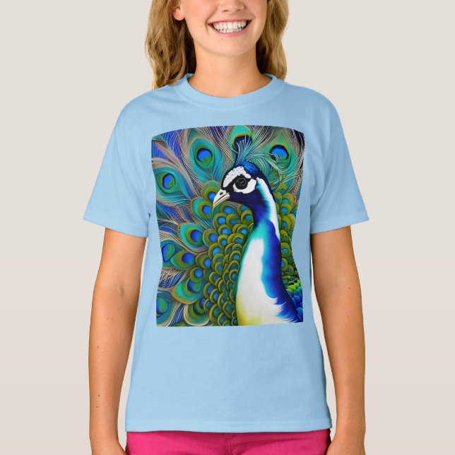 Weiß blau und grün Piebald Peacock T-Shirt (Vorderseite)
