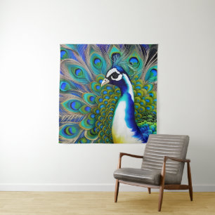 Weiß blau und grün Piebald Peacock Wandteppich