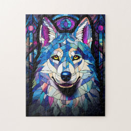 Weiß, blau und Lila Wolfspuzzle aus Hartglas. Puzzle