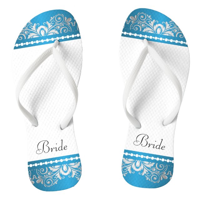 Weiß, Blau und Silber | Hochzeitsparty Flip Flops (Fußbett)