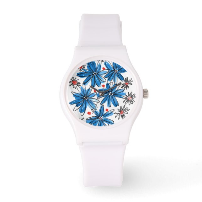 Weiß-blaue Blume Armbanduhr (Vorderseite)